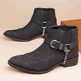 thumbnail image 3 of Men's Vintage Embroidered Western-Inspired Ankle Boots, Pointed Toe Elastic Side Slip-On Chelsea Boots with Decorative Buckle & Chain, Low Block Heel, 3 of 5