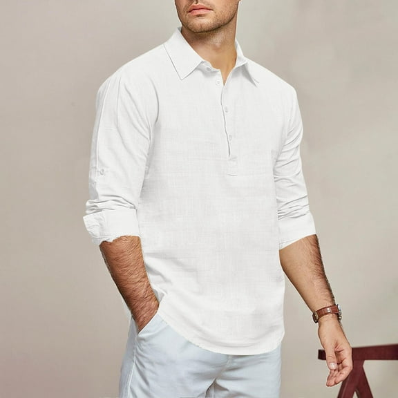 JUSLIO Button-Up Long Sleeve T Shirts for Men Casual Solid Tops Fashion Long sleeve Collar Tops White L