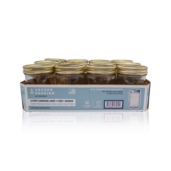 Tarro para conservas Anchor Hocking, boca ancha, 473 ml, paquete de 12 unidades, tapa dorada