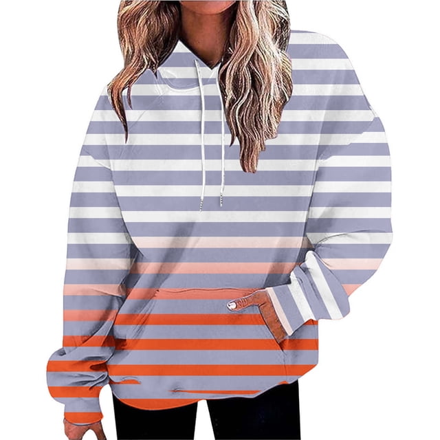 WTXUE Hoodies Pullover Cotton Sweaters Oversized Hoodies Striped Plus Size Long Sleeve Sweaters Pullover Fall Clothes with Pocket Basic Sweatshirt Baggy Sweaters Tunic Sweatshirt Orange Xl