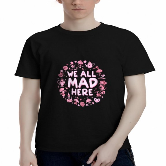 Men's Cotton Short Sleeve T-Shirt - " WE ALL MAD HERE " Graphic Tee with Whimsical Flamingos & Hearts Design - Casual Wear