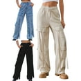 thumbnail image 3 of Gupgi Women Retro Cargo Jeans Elastic Rise Straight Leg Loose Denim Pants with Pockets S/M/L/XL, 3 of 9