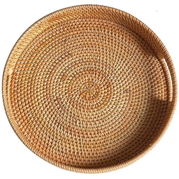 Round Rattan Tray, Hand Woven Serving Tray with Handles, Wicker Serving Basket, Decorative Tray for Home Decor, Natural
