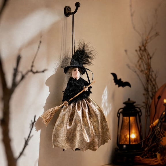 Halloween Ornaments Hanging Aprons Witch with Brooms Home Decor, Spooky Witch Wall Hanging Decoration, Halloween Party Decor for Home Kitchen Door Porch Indoor Outdoor