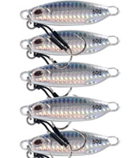 GOLURO - Vertical Slow Pitch Jig 50g - 5 PACK - Lead Metal Flat Fall Fishing Jig Lure with Assisted Hook