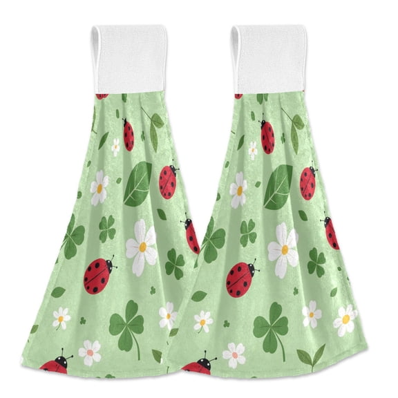 Haosy 2 Pack Kitchen Wash Cloths with Hanging Loops Absorbent Absorbent Quick Drying Hand Towels, Ladybird Clover Leaf Flower