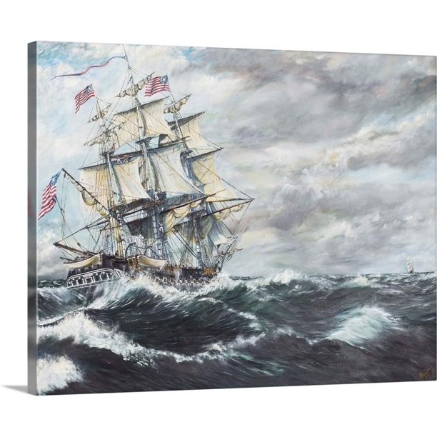 Cuadro lienzo pintura clásica de fragata americana en mar agitado, decoración náutica vintage horizontal en tela canvas