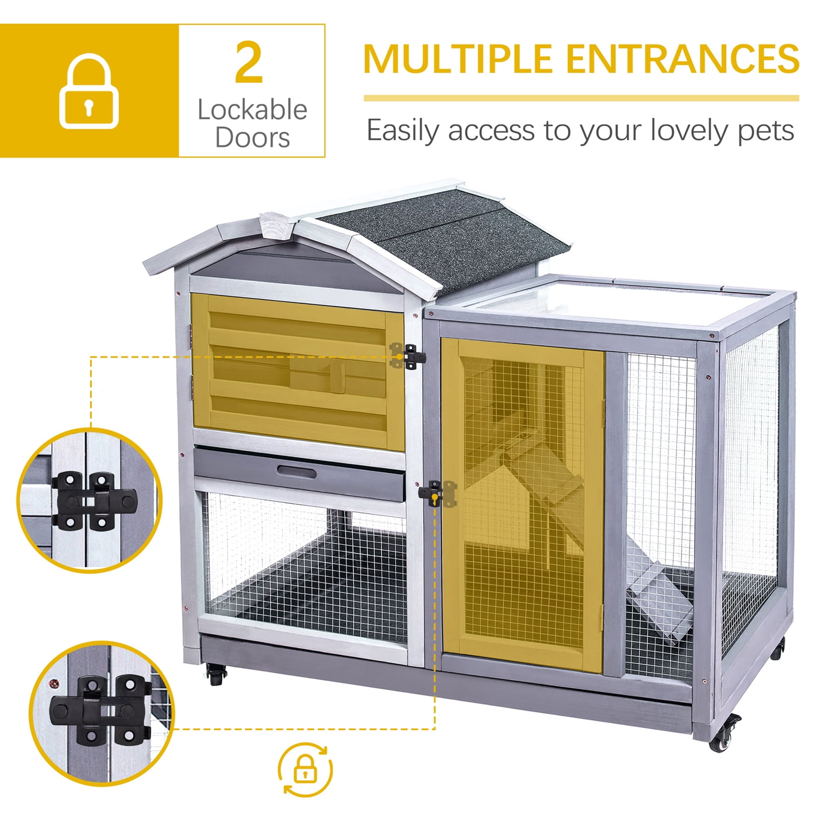Rabbit Hutch Indoor Rabbit Cage Outdoor, Wooden Bunny Cages for Guinea Pig with Wheels, Removable Tray, Ramp