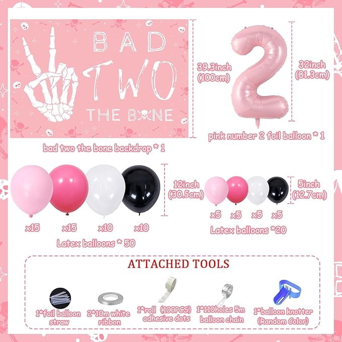 78Pcs Bad Two the Bone 2nd Birthday Party Decorations for Girls Pink Balloon Garland Arch Kit with Skull Bone Backdrop, Rock N Roll Music Theme 90s Second Birthday Party Decor