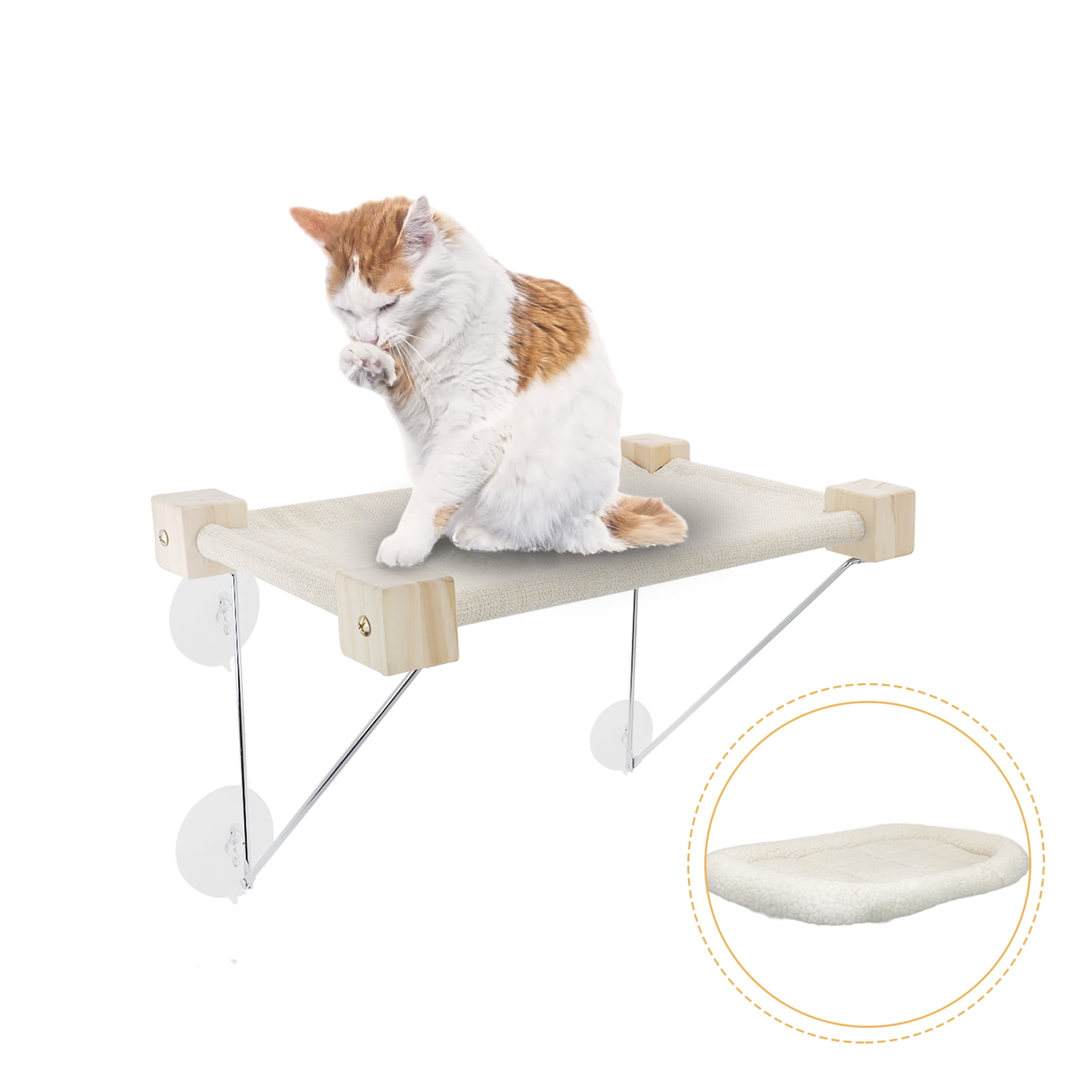Pet 2022 Upgraded Cat Window Perch, Cat Window Hammock Holds Cat Up to 40 Lbs with Solid Wood Frame & Iron Bracket, Window Seat for Indoor Cats with Removable Soft Seat Cushion， Beige