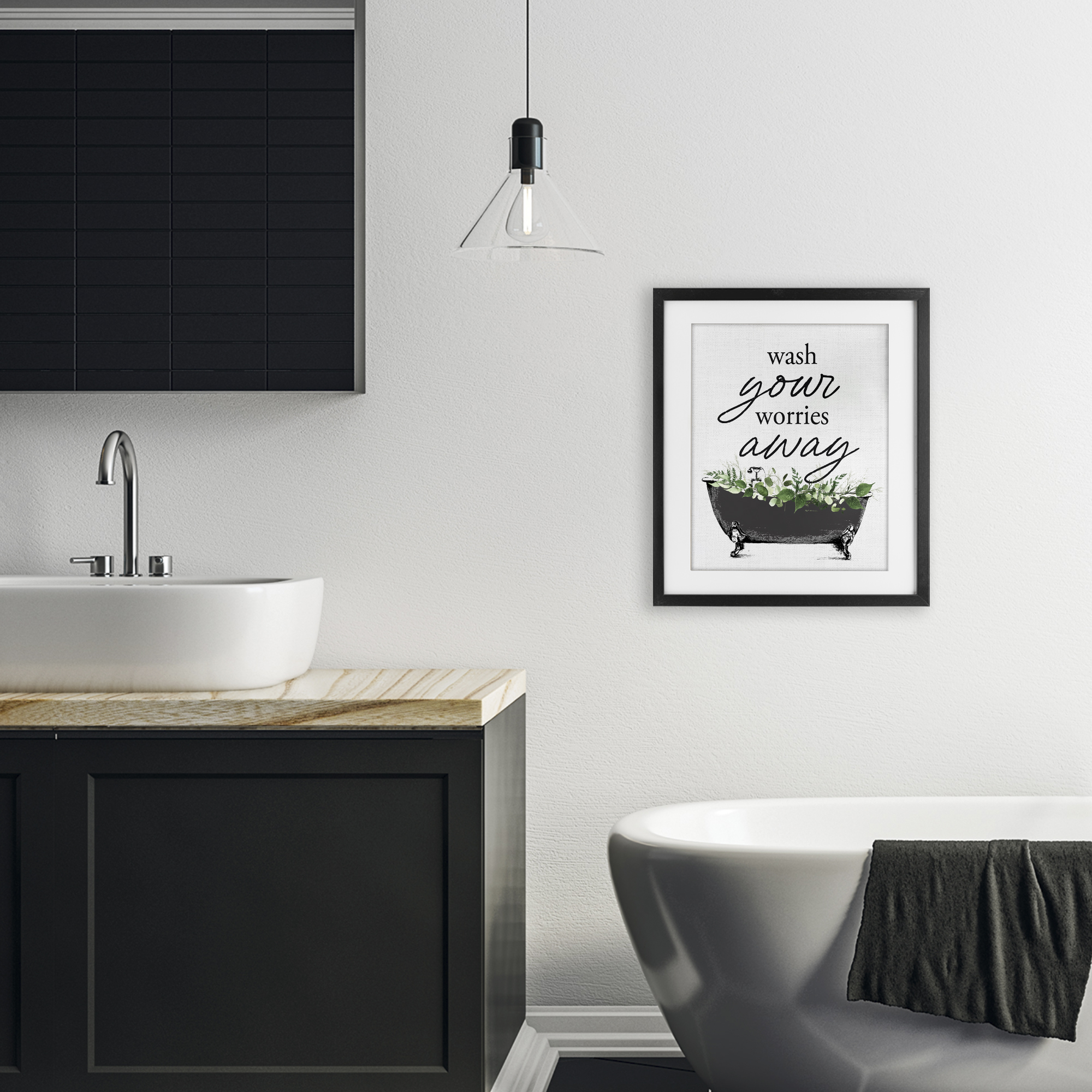 Wash Worries Away Herbs Black Framed Print Under Glass, design by Lettered and Lined