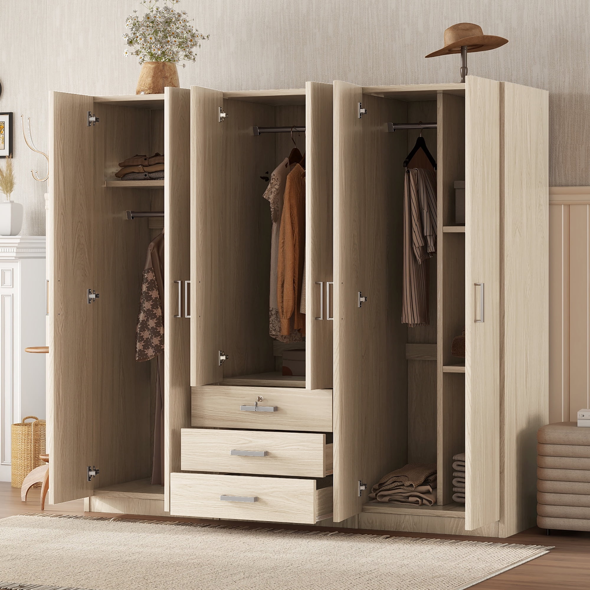 MODERNLUXE 6 Door Wooden Wardrobe Closet with 3 Drawers,Clothing