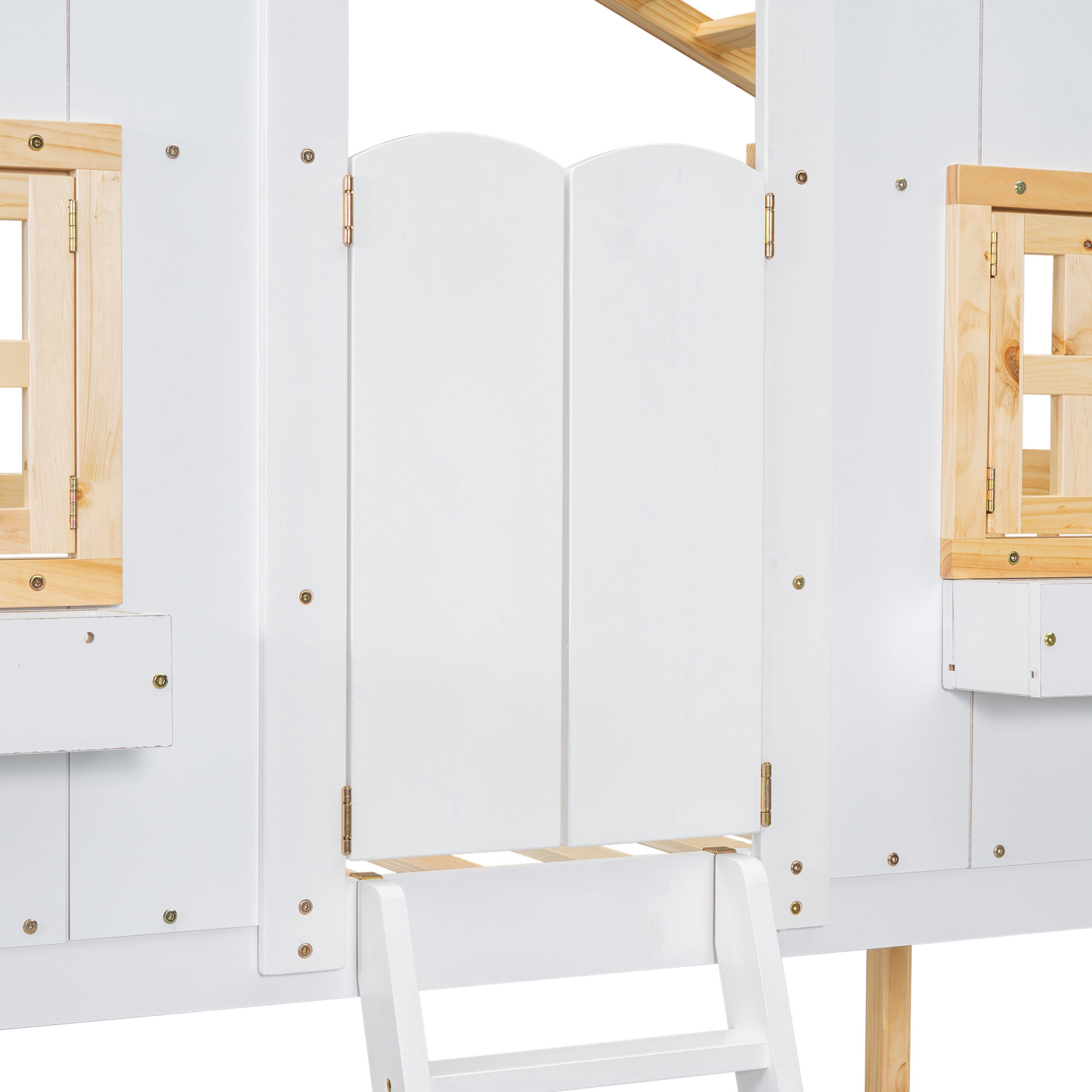 Noble House Twin Over Twin House Bunk Bed, Pine Wood Frame with Safety Guardrails and Ladder, Natural + White