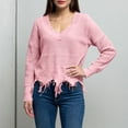 thumbnail image 2 of Women's Frayed Hem Crop Sweater V-Neck Long Sleeve Casual Pullover (Pink, L), 2 of 5