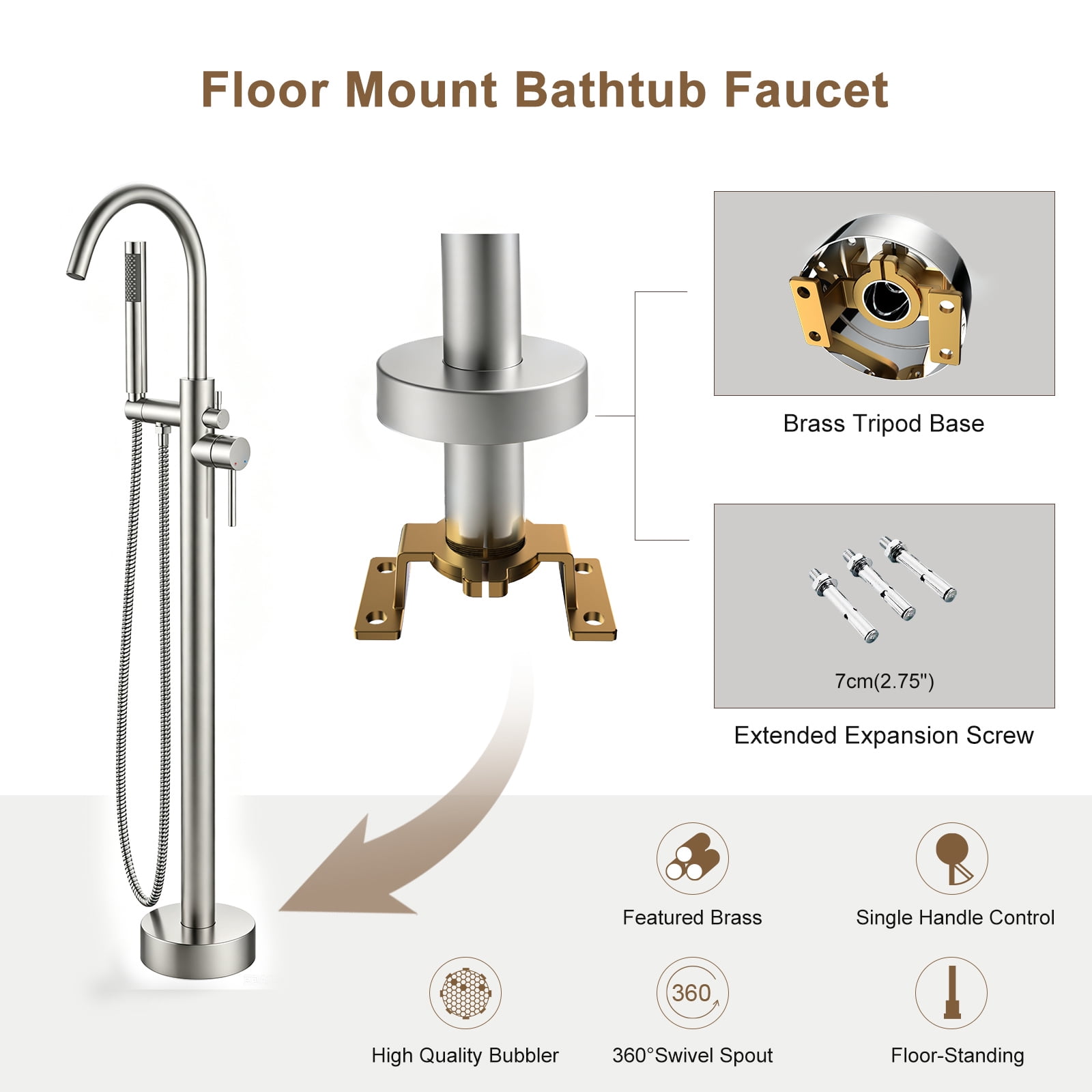 GT Freestanding Tub Faucet, High Flow Independent Free Standing Bathtub Faucet with Handheld Shower & Gooseneck Spout, 360°Swivel Tub Filler, Brass Body, Brushed Nickel