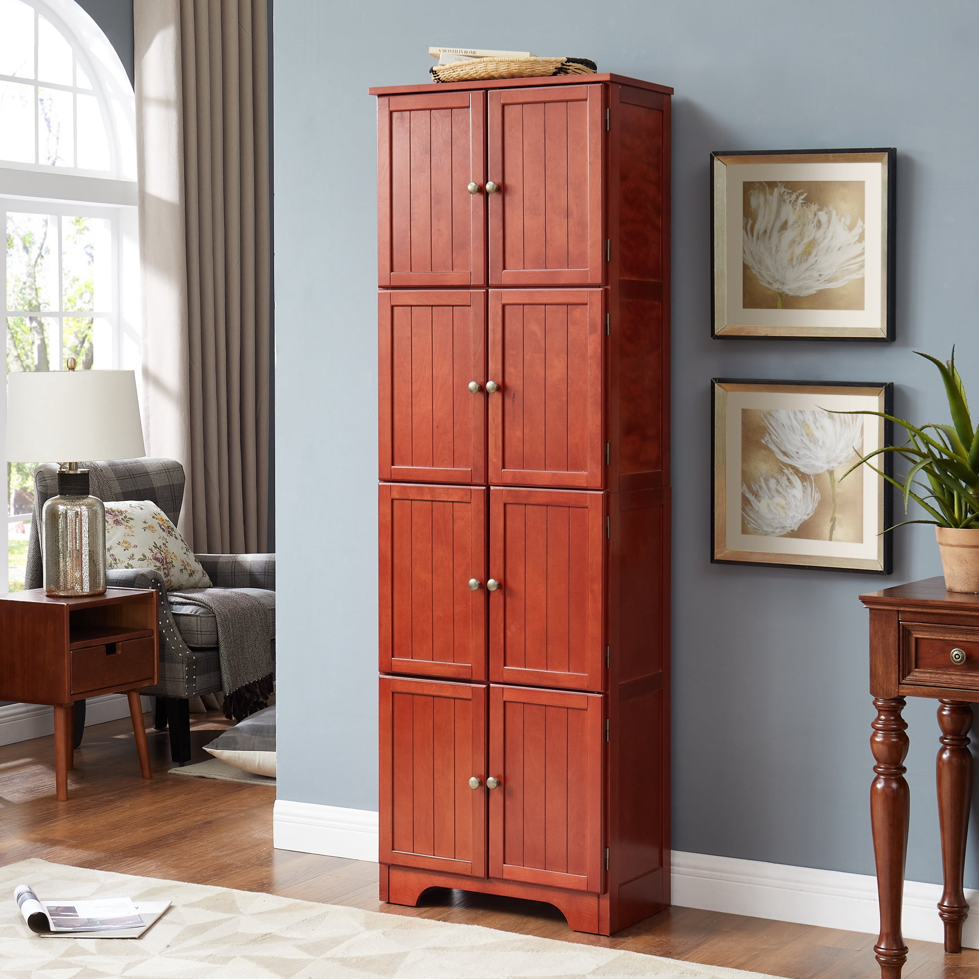 Leumius 72.4" Tall Storage Cabinet Tall Storage Cabinet with 8 Doors and 4 Shelves ,Bookshelf for Living Room, Kitchen, Dining Room, Office Cherry
