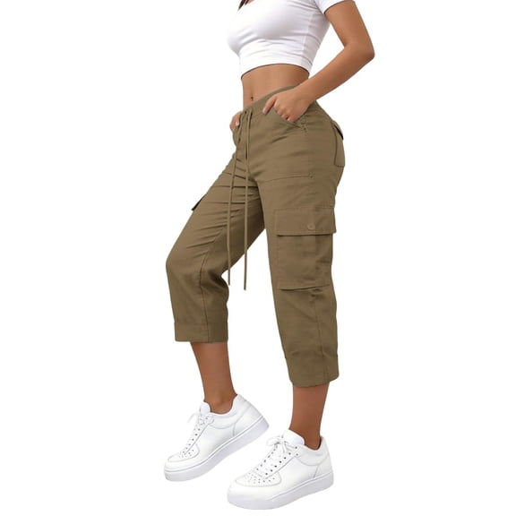 cocolona Womens Casual Capri Cargo Pants Elastic Waist Drawstring Wide Leg Outdoor Hiking Cropped Pants with Pockets