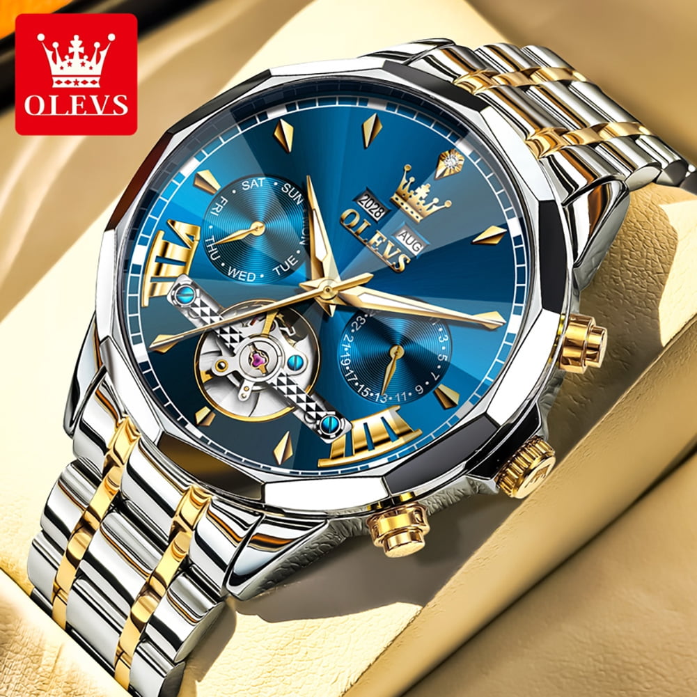 OLEVS Automatic Watches for Men Luxury Dress Waterproof Self Winding Mechanical Chronograph Diamond Stainless Steel Luminous Date Skeleton Tourbillon Mens Watches Gift Reloj Para Hombre Blue Dial