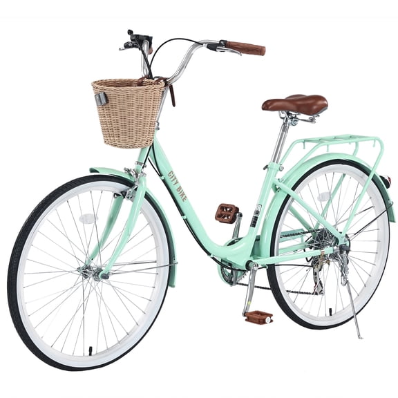 Zukka City Bike 26 inch Cruiser Bicycle 7 Speed with Woven Basket for Lady Women Green