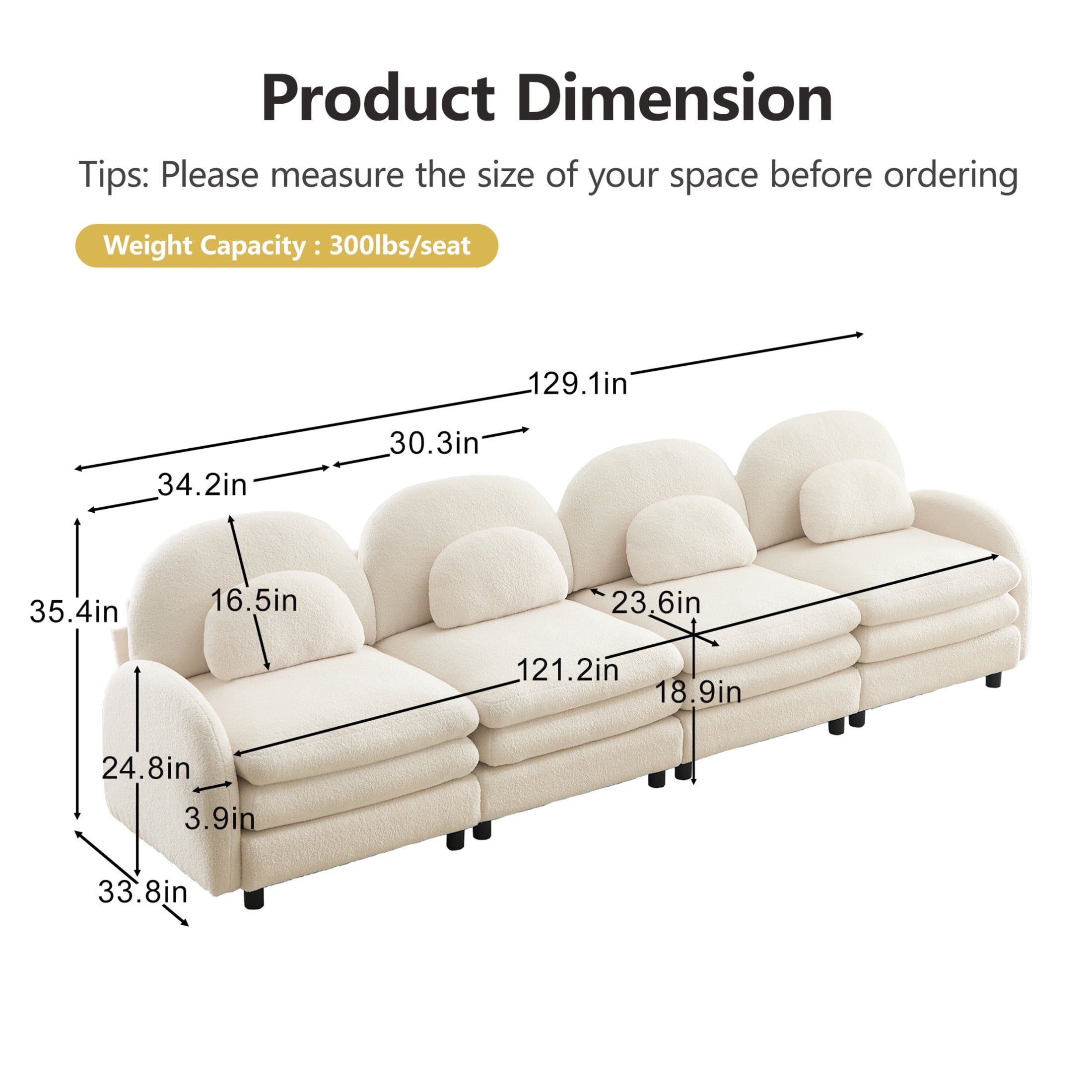 Noble House Windsor Teddy Fabric 4-Seater Sectional Sofa, Modular Cloud Couch with Lumbar Pillows, Beige