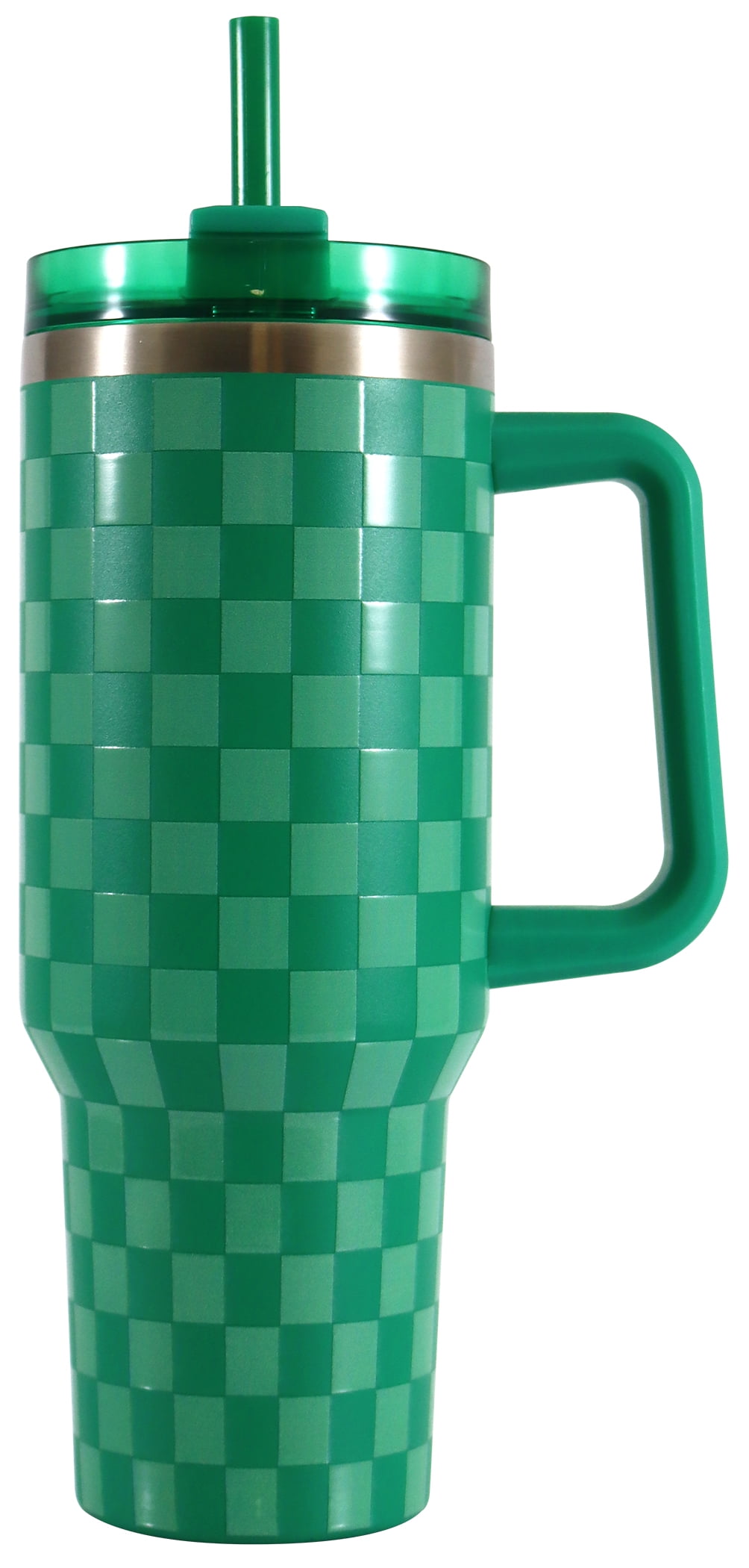 Mainstays 40 oz Stainless Steel Tumbler with Straw and Handle, Double Wall Insulated, Green Check