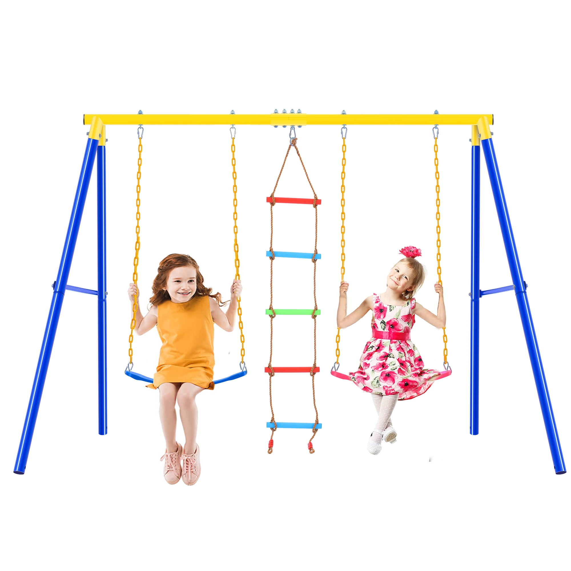 uhomepro Metal Swing Set for Backyard with 2 Belt Swings and Climbing Rope, 3in1 Kids