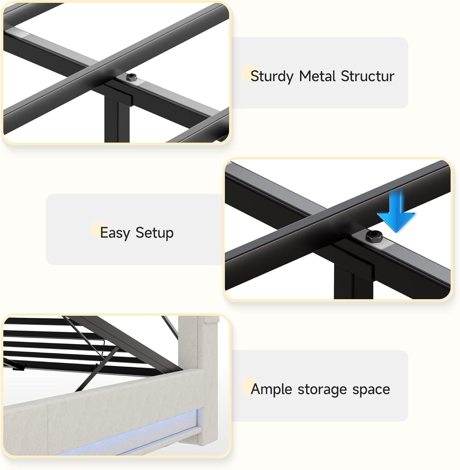 VEANERWOOD Full Size Lift Up Bed Frame with Storage Headboard, Upholstered Platform Bed with Charging Station, LED Lights, No Box Spring Needed