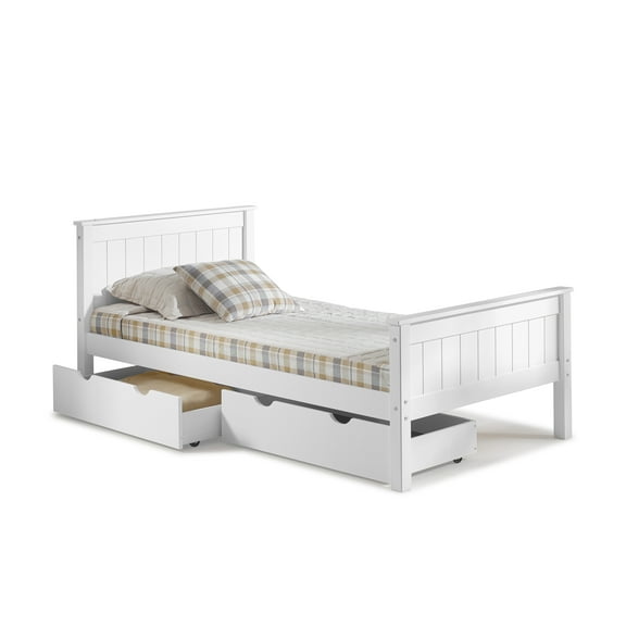 Alaterre Furniture Harmony Twin Platform Bed Frame with Wheeled Underbed Storage Drawers, Brazilian Pine Wood with Slats, Headboard & Footboard, Ideal for Kids or Guest Bedrooms, White