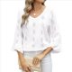 thumbnail image 3 of Camiseta de Mujer con Cuello en V, Mangas 3/4 con Volantes y Ojales, Blusa Informal, Estilo Túnica, Tendencia 2025 M, 3 of 9