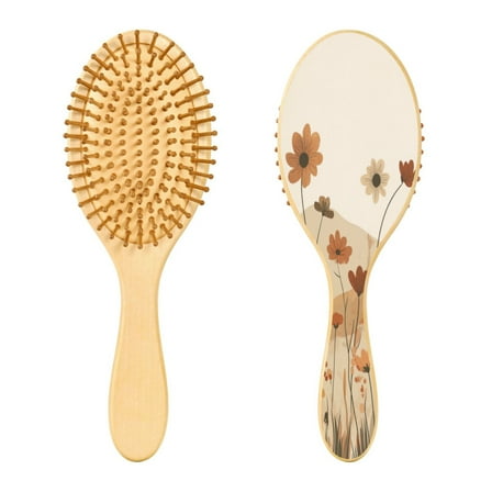 Rounded Tip Hair Brush with Rubber Cushion 9.25” Wooden Scalp Massage Comb Detangling Brush for All Hair Types Muted Colors Wildflowers
