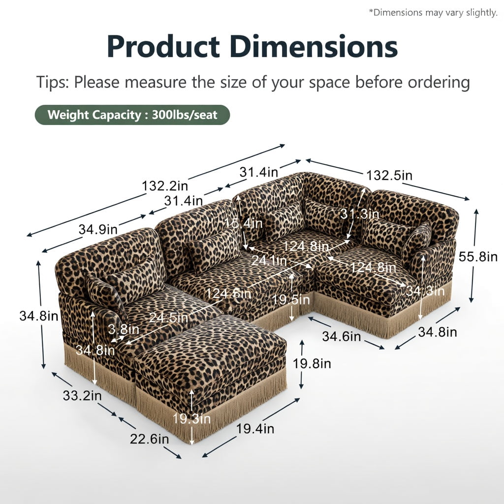 Hommoo 131" U-Shaped Chenille Leopard Print Sofa Set with Movable Ottomans, Tassel Trim & Ergonomic Deep Seat, Modern Living Room Sectional, Green Black