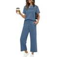 thumbnail image 4 of Lumtrix Two Piece Sets For Women Casual Summer Outfits Short Sleeve Tops Wide Leg Pants Side Slit Lounge Sweatsuits Blue L, 4 of 6