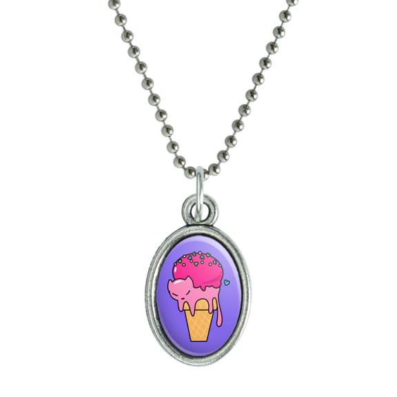 Cute Meowlting Melting Cat Ice Cream Cone Antiqued Oval Charm Pendant with Chain