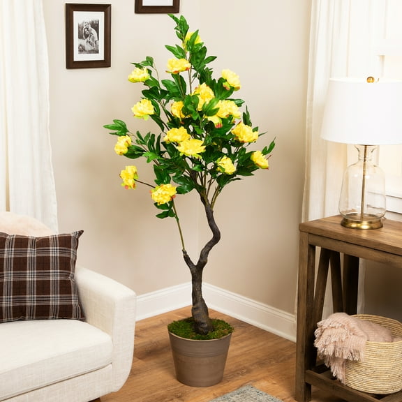 Northlight Artificial Peony Flower Potted Tree - 63" - Yellow