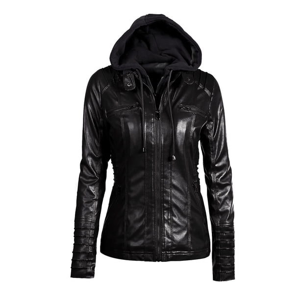 Chaqueta con capucha con capucha de cremallera con capucha de cuero de Faux de la mujer CACAGOO Abrigo