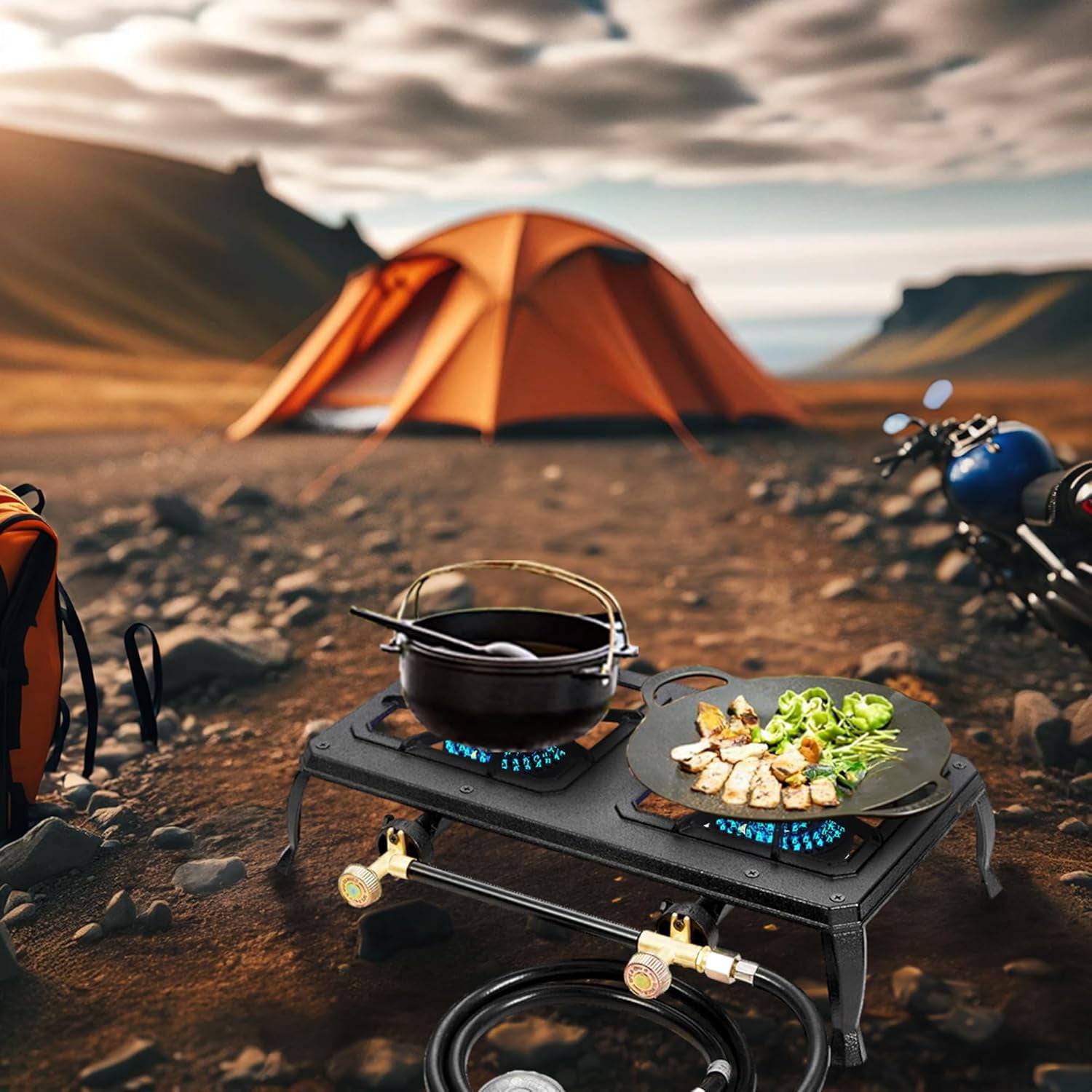 Vivicreate 2-Burner Cast Iron Camping Stove with CSA Listed Regulator and Gas Hose（HT-C-0012）