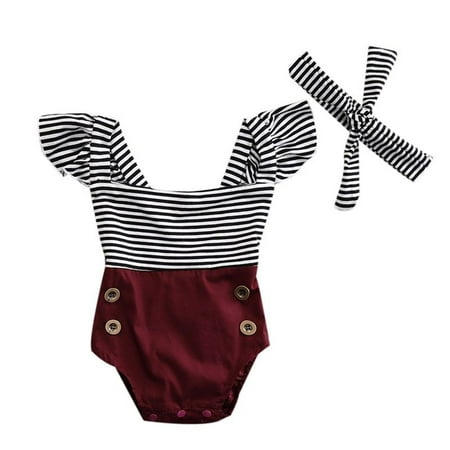 

Douhoow 0-18M Baby Girl Striped Patchwork Romper Infant Ruffle Sleeve Back Cross Jumpsuit