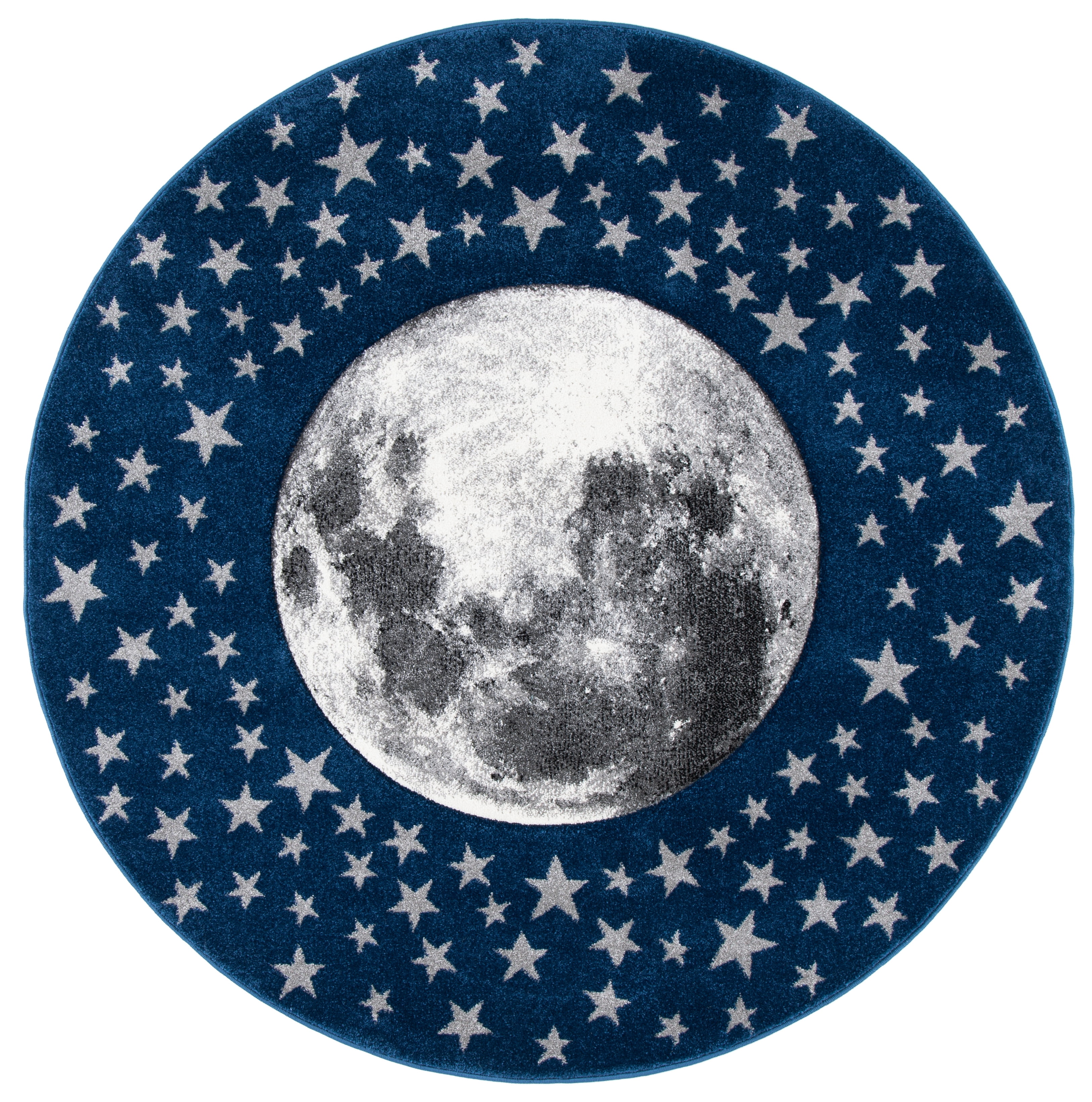 SAFAVIEH Carousel Kids Moon in the Stars Area Rug, Navy/Gray, 3' x 3' Round