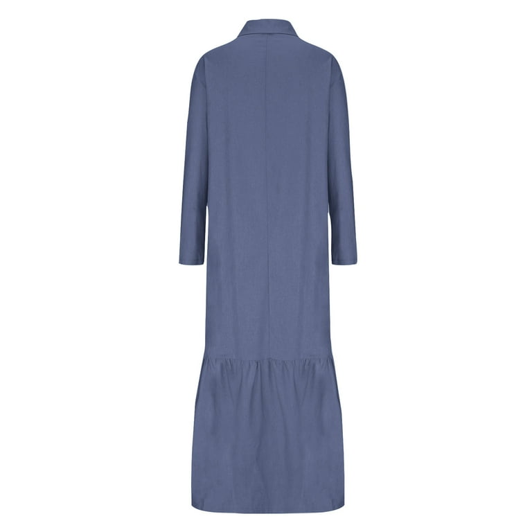 WRKEKC Womens Dresses Casual Solid Color Long Sleeve Button Front Midi  Dress for Fall Spring Cotton Linen Blend V-Neck Shirt Dress Style with  Pockets