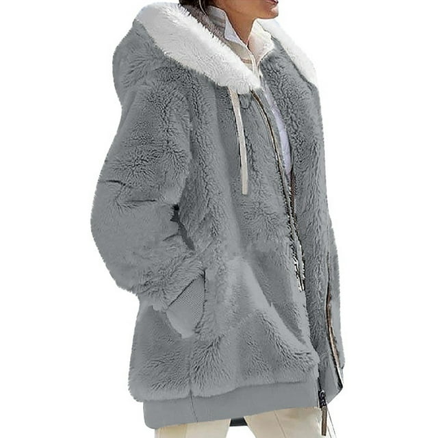 Innerwin Outwear Open Front Women Hooded Cardigan Winter Solid Color Warm Fuzzy Fleece Jacket Light Grey L