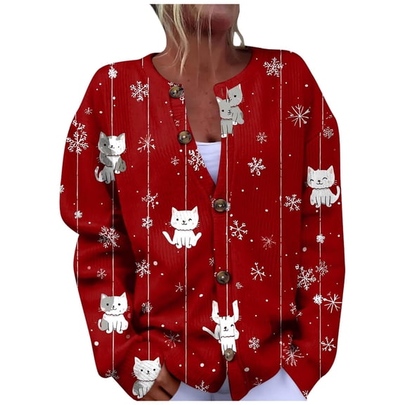 Christmas Cardigan For Women Cute Cat Print Long Sleev Button V Neck Snowflake Knitted Sweater Fall Winter Xmas Party Clothes