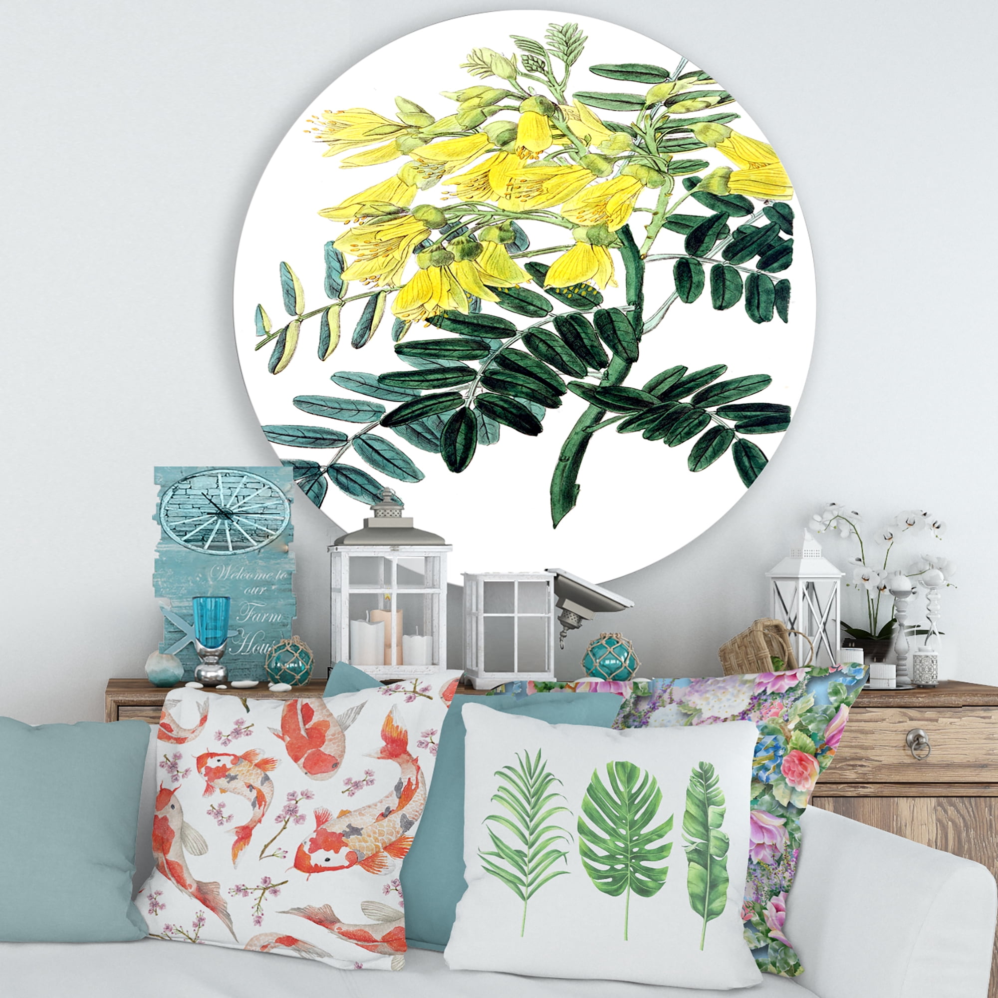 Designart 'Ancient Yellow Flower II' Traditional Circle Metal Wall Art 36x36 - Disc of 36