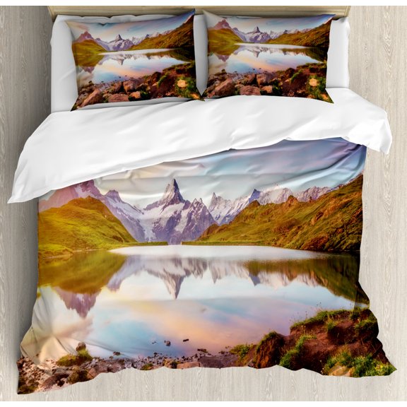 Scenic Summer Duvet Cover Set King Size, Tranquil Lake Scene with Water and Mountains at Sunrise Photo, Decorative 3 Piece Bedding Set with 2 Pillow Shams, Sea Blue and Multicolor, by Ambesonne