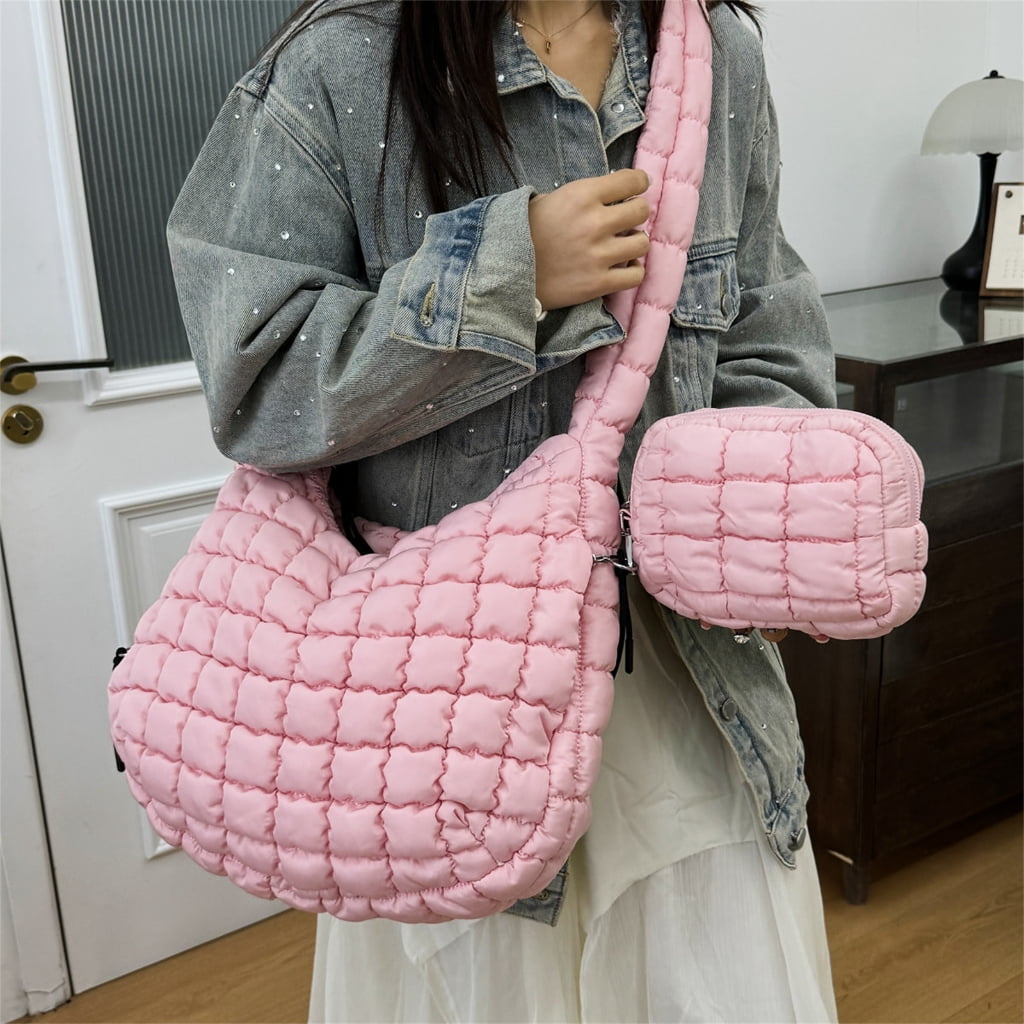 FENOHREFE Fashionable Puffer Shoulder Bag for Women Quilted Lightweight Spacious Crossbody Bag with Small Zippers Makeup Purse