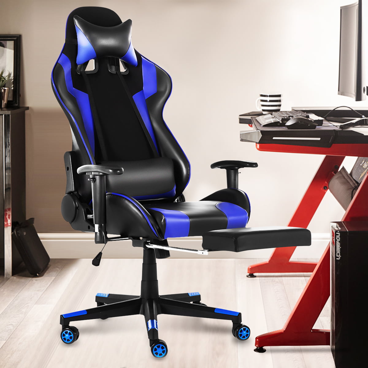 180° Adjust Leather Gaming Racing Chair Office Desk with Footrest Headrest Seat 
