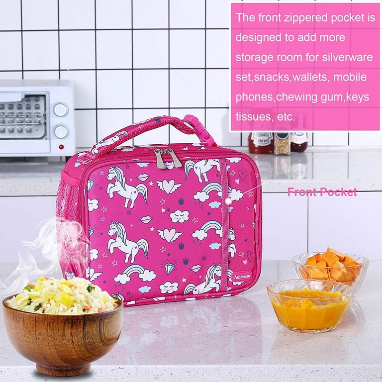 Waterproof Lunch Box for Girls Cute Kids Lunchbox Shiny Pink Lunch Bags  with Shoulder Strap and Pocket for Teen Girls Insulated Lunch Cooler Bag  for School Outd…