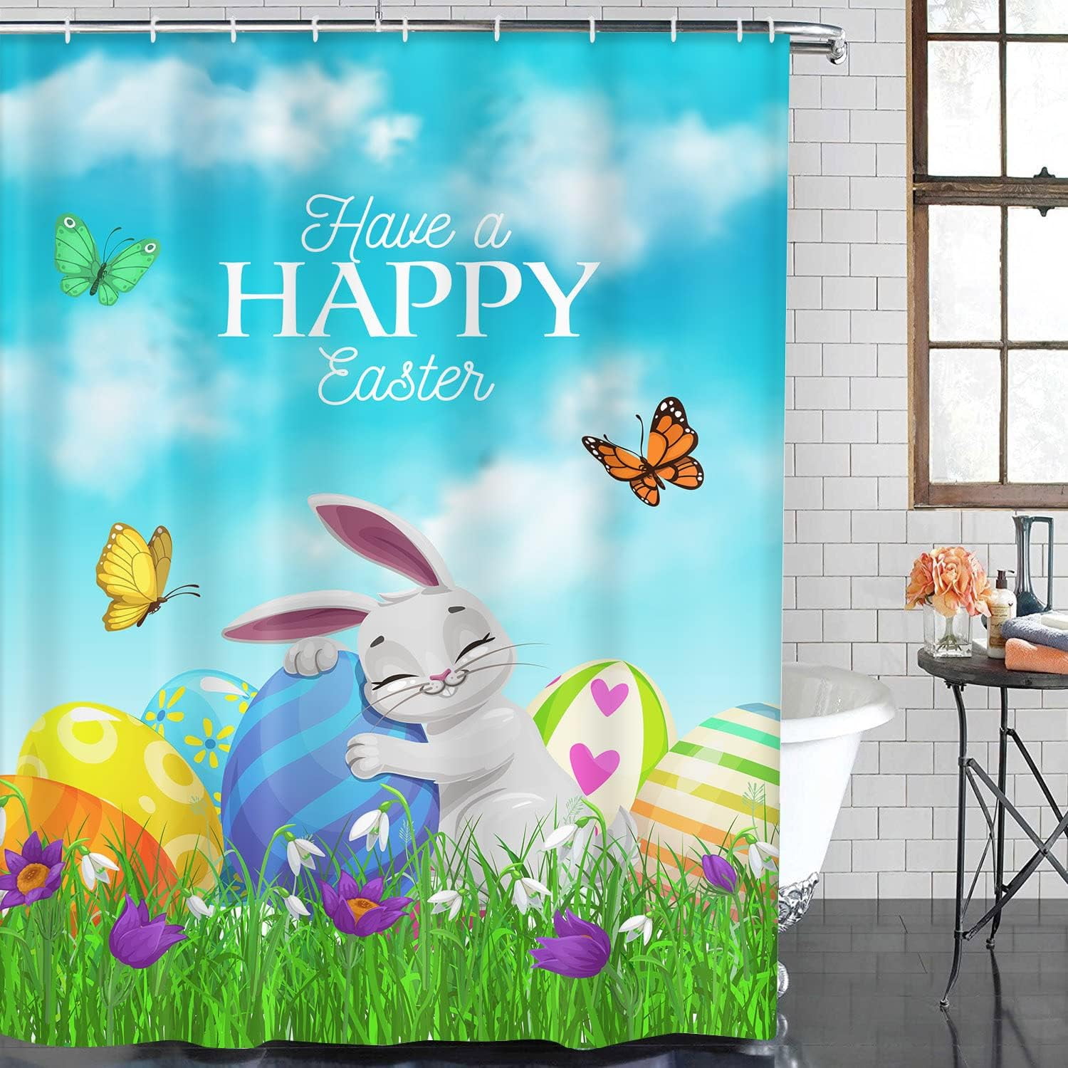 4 Pcs Shower Curtain Set Happy Easter Rabbit Bunny Pet Chocolate Cute with Non-Slip Rugs Toilet Lid Cover and Bath Mat Bathroom Decor Set 72 x 72 inch