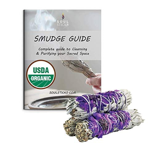 3 Pack of White Sage & Purple Daisies Smudge Sticks & Smudge Guide for