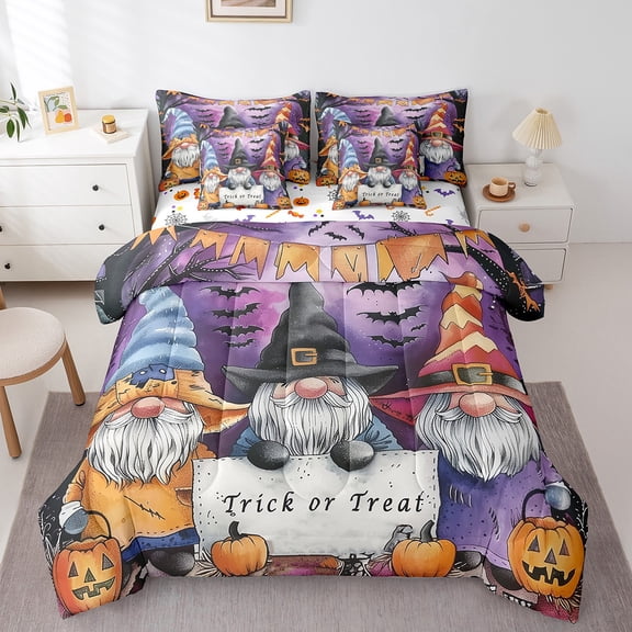 Manfei Halloween Gnome Twin Bedding Sets 7 Pieces,Trick Or Treat Bedding Comforter Set 7 Pieces,Orange Funny Pumpkin Sheet Sets,Super Cozy Room Decorative Reversible