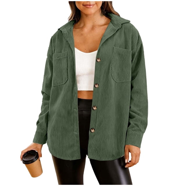 fatyb Womens Corduroy Shirts Button down Shacket with Pockets Casual Long Sleeve Collared Blouses Tops